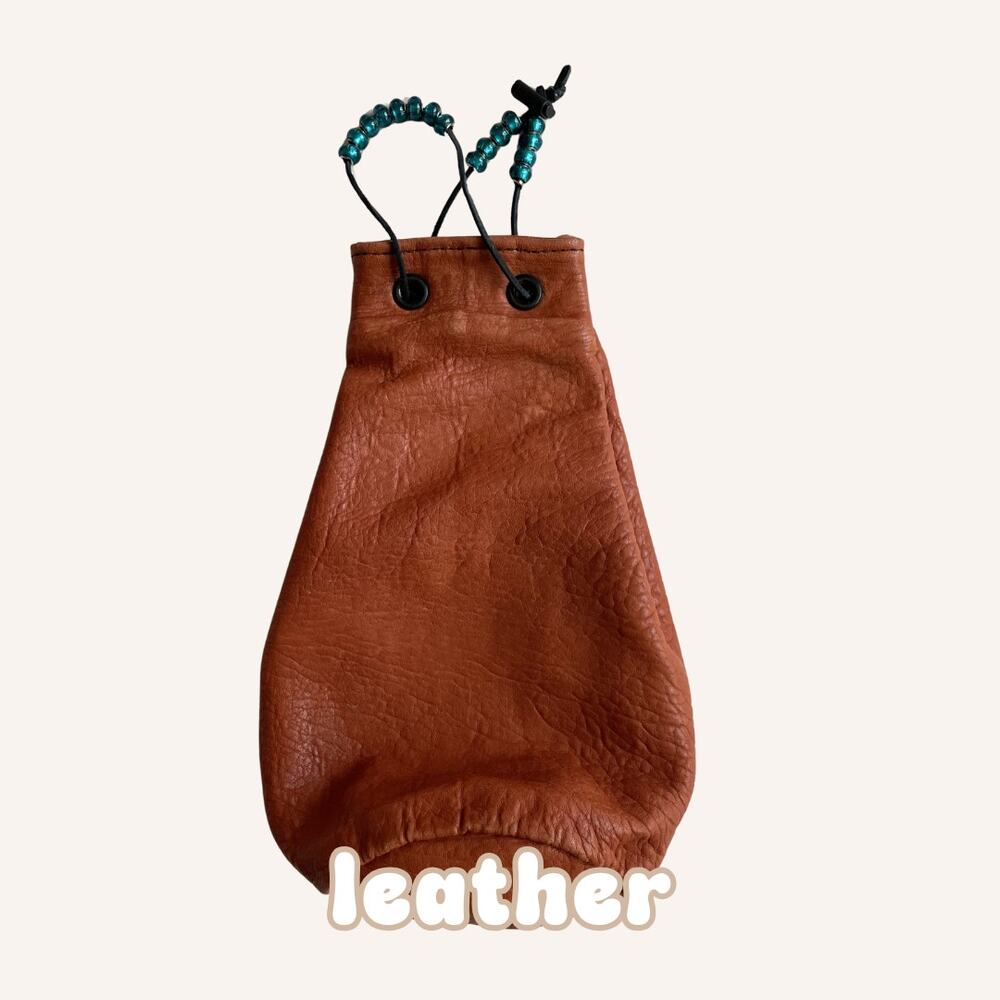 HANDMADE? leather drawstring purse bucket bag, teal green beads and silky liner
